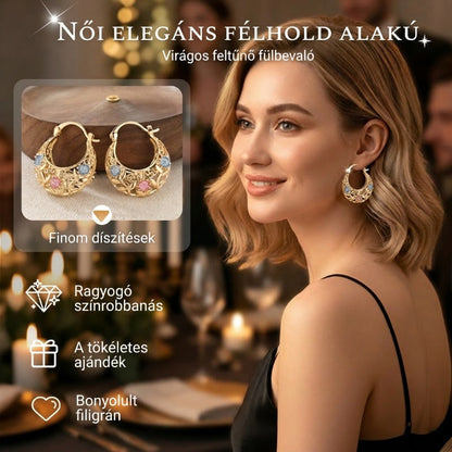 ✨ Cercei în formă de semilună aurii cu motiv floral: bijuterie unică – În stoc! 🌸