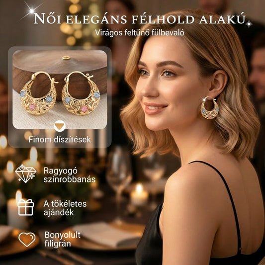✨ Cercei în formă de semilună aurii cu motiv floral: bijuterie unică – În stoc! 🌸