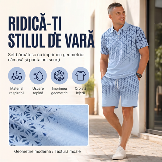 👕 REDUCERE DE 50% PENTRU O PERIOADĂ LIMITATĂ! ✨ Set pentru bărbați format din tricou cu guler și imprimeu geometric și pantaloni scurți 🔷
