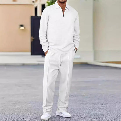 ✨ Set de hanorac și pantaloni pentru bărbați – tricot tip waffle, fermoar pe un sfert, croială lejeră, ținută de casă ✨