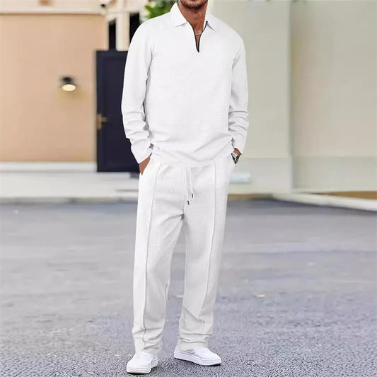 ✨ Set de hanorac și pantaloni pentru bărbați – tricot tip waffle, fermoar pe un sfert, croială lejeră, ținută de casă ✨
