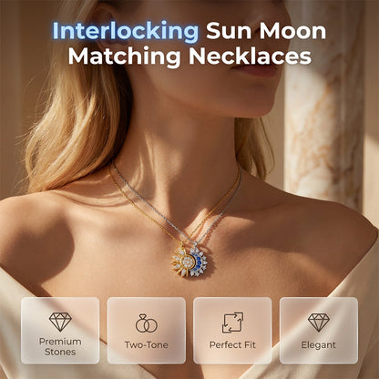✨ Colier Soare & Lună – pietre strass, bicolor auriu/argintiu, set pentru cuplu 🌞