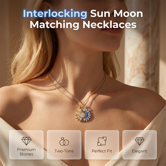 ✨ Colier Soare & Lună – pietre strass, bicolor auriu/argintiu, set pentru cuplu 🌞