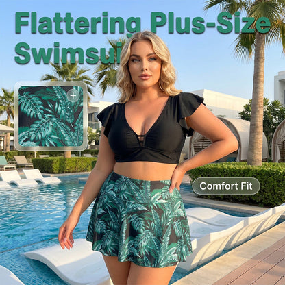 👙👗Costum de baie pentru femei, două piese, cu imprimeu tropical și fustă🌊⭐