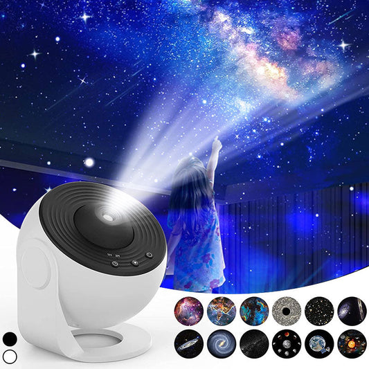 Lampă-proiector cu motiv de galaxie, care creează o atmosferă romantică în dormitor