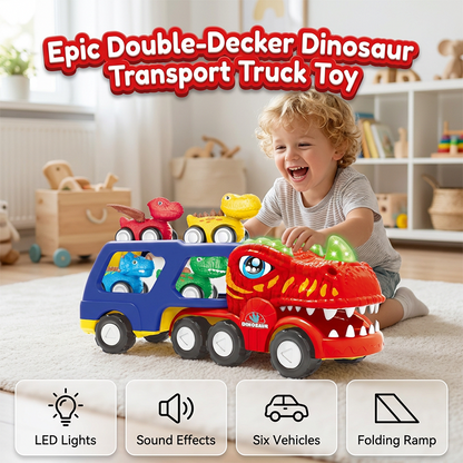 🦖 Camion de transport cu dinozaur T-Rex – Mașinuță de jucărie cu două etaje, cu lumini și sunete✨