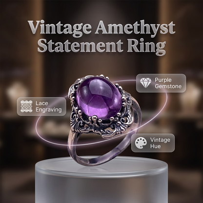 🌸 REDUCERE DE 50% ACUM! 🌸 Inel vintage cu ametist și dantelă
