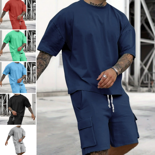 📢 OFERTĂ LIMITATĂ: 50% REDUCERE! ⏰ Set pentru bărbați cu tricou casual cu mâneci scurte și pantaloni scurți – țesătură moale și respirabilă, croială lejeră ☀️
