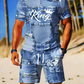 👕 Set pentru bărbați compus din tricou cu aspect de blugi și pantaloni scurți | Ținută de vară ușoară și respirabilă ☀️