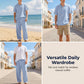 📢📢REDUCERE DE 50%!! ⏰Set de cămașă și pantaloni casual pentru bărbați, din amestec de in, croială lejeră, pentru plajă